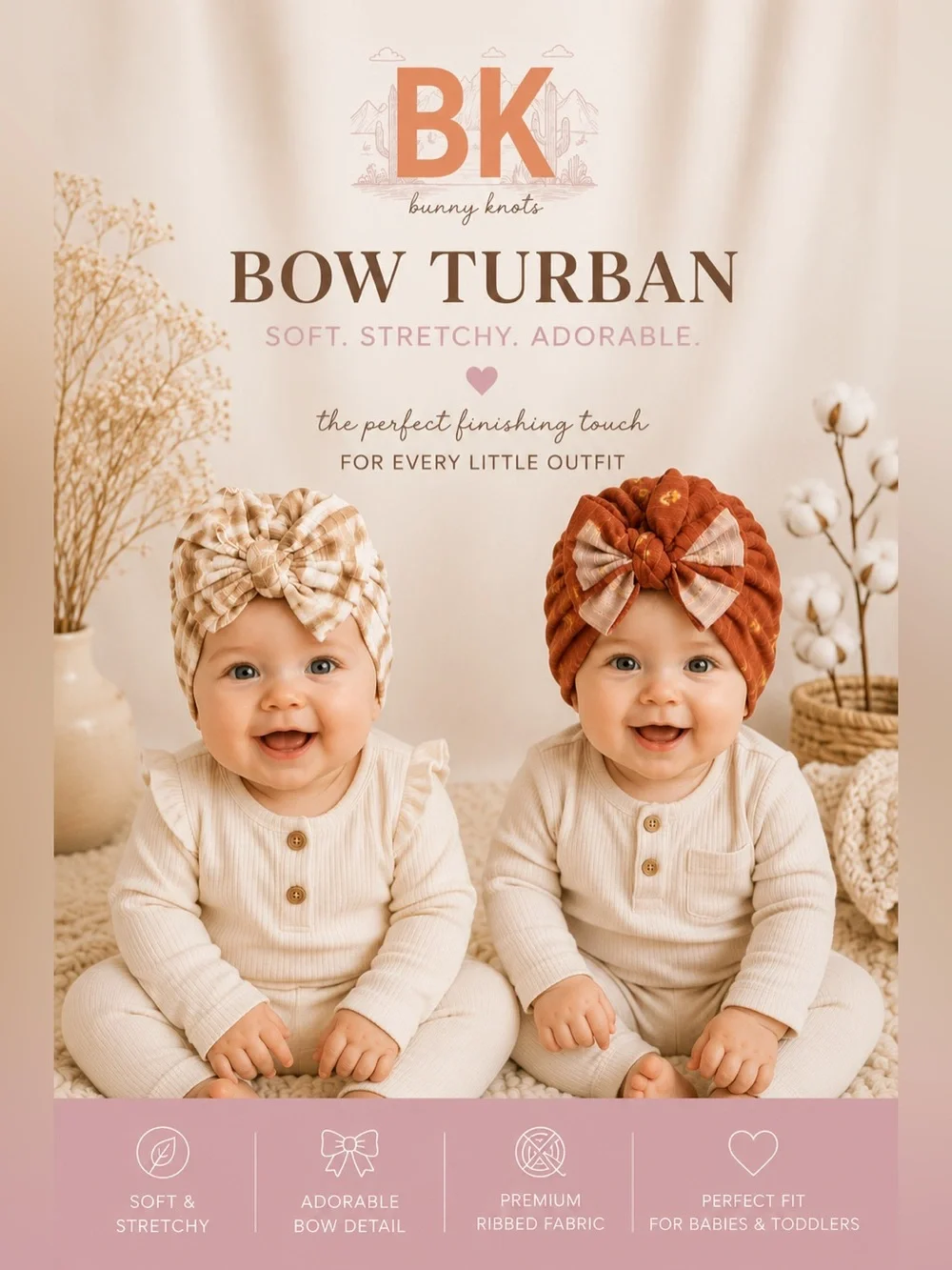 🐰 Bunny Knots Bow Turban Headwraps - Beige Plaid & Rust